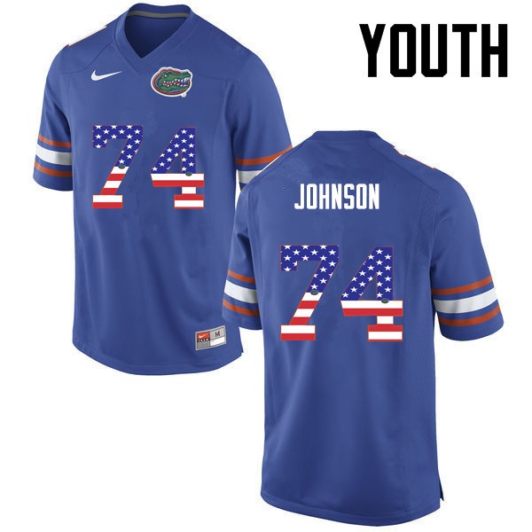 Florida Gators Youth #74 Fred Johnson College Football USA Flag Fashion Blue